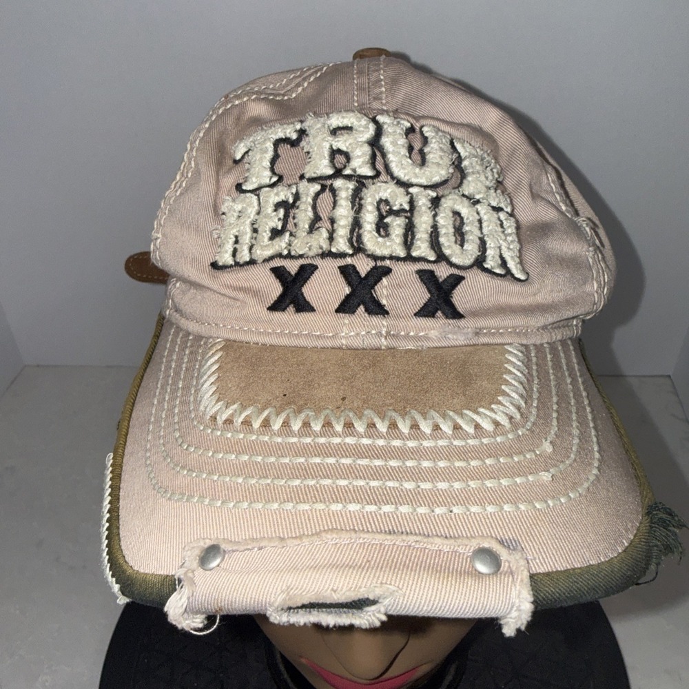 True Religion Strapback Adjustable Hat Cap Distressed leather strap distressed